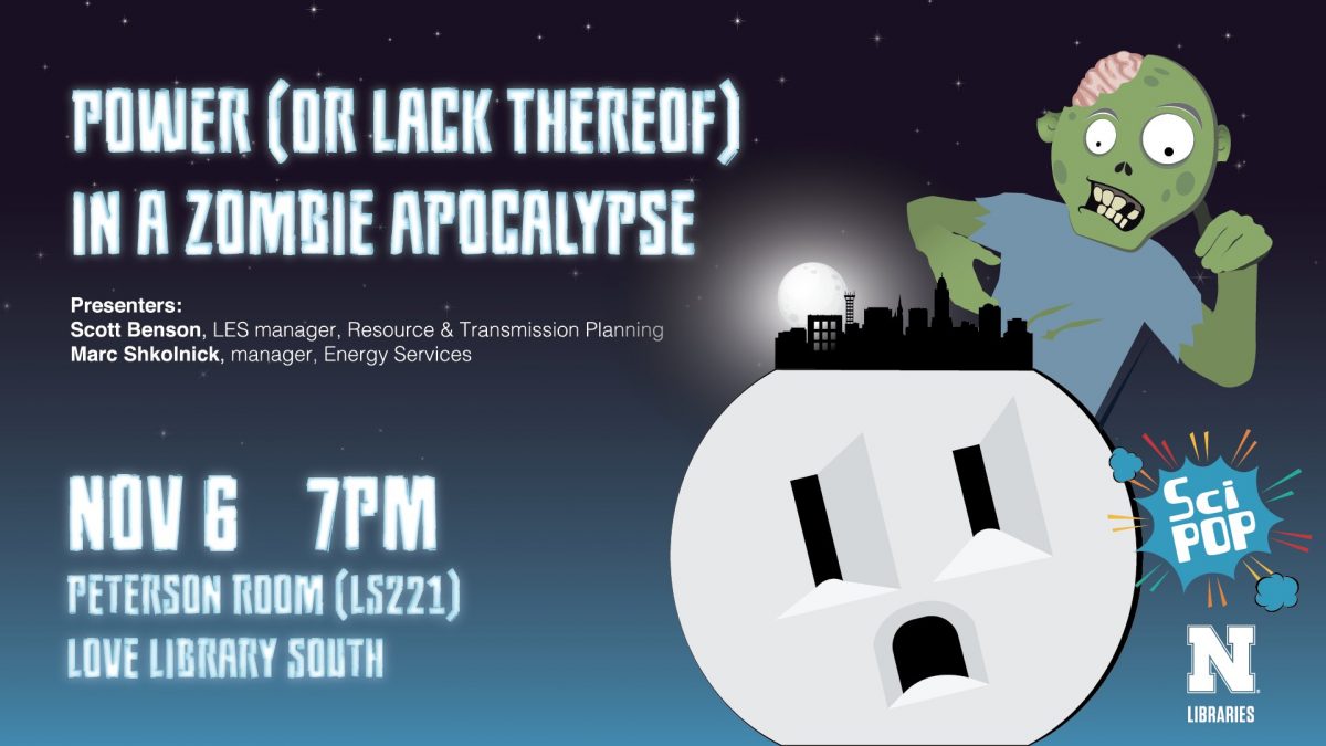 Image of a scared electrical plug wearing an almost completely blacked out city with one light left on at the farthest point from a large green zombie in a blue shirt. This is a publicity image from UNL Libraries SciPop Talks November 2019 talk.